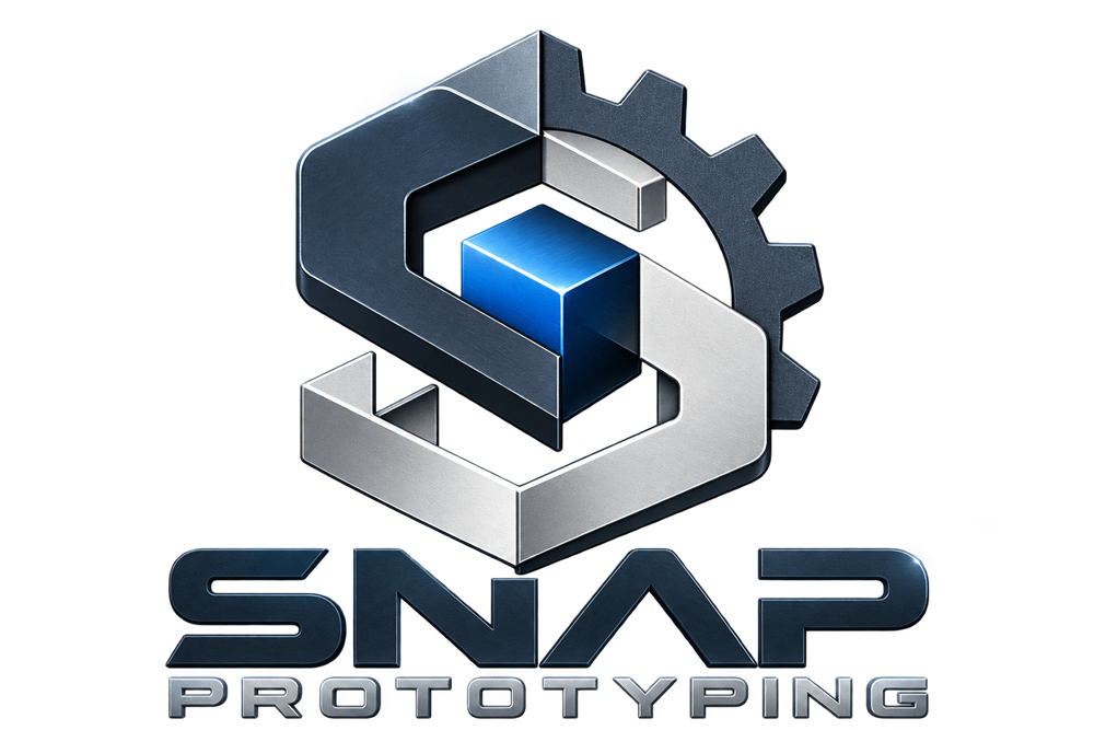Snap Prototyping logo: a metallic S with a blue cube at its center and a gear behind it