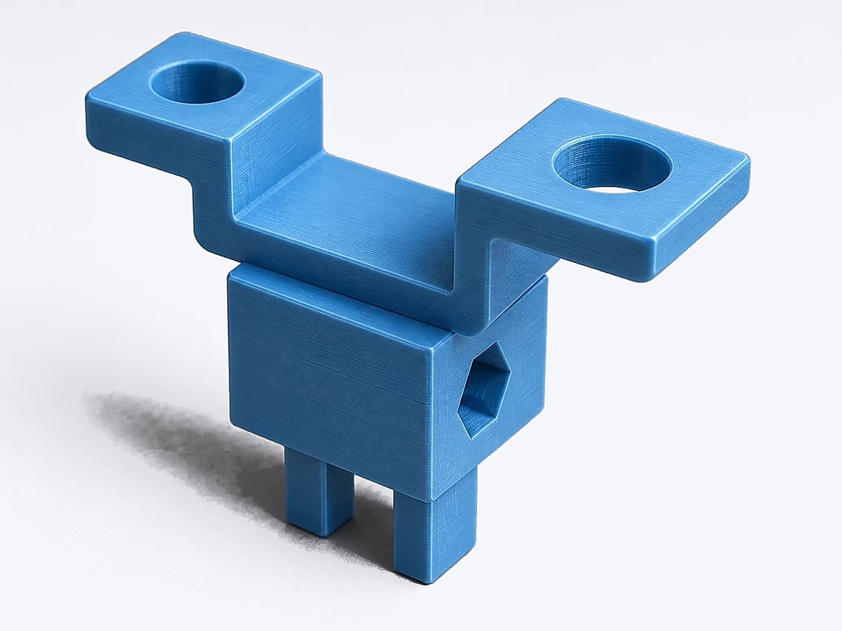 Blue 3D-printed bracket with two flat tabs, each with a round hole, on a block with a hex socket and two pins