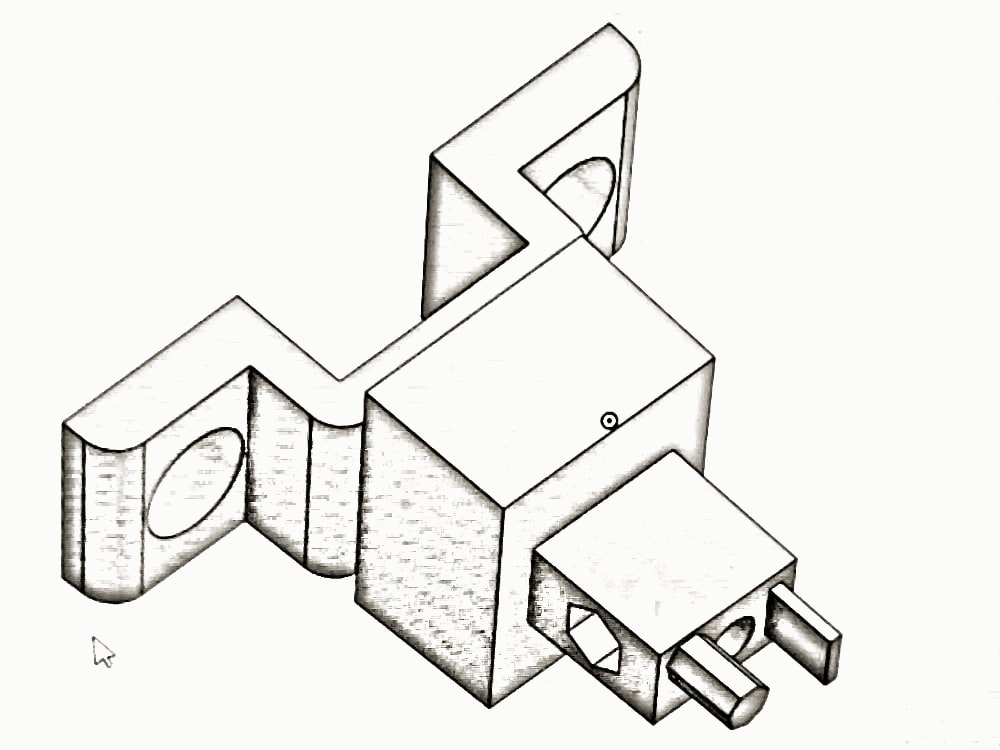Line sketch of a bracket with two tabs, a block with a hex socket and two pins