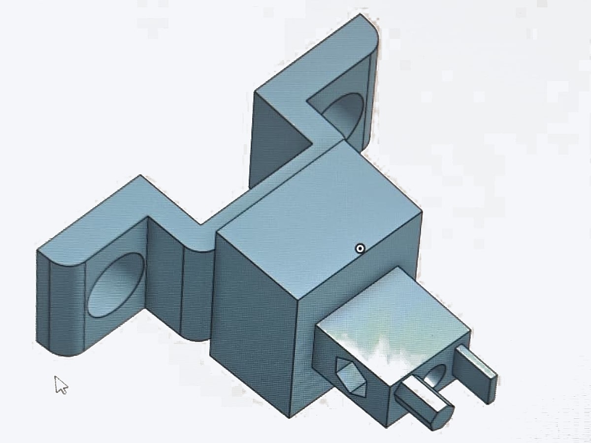 Onshape 3D model of the bracket, with two tabs, a block and two pins