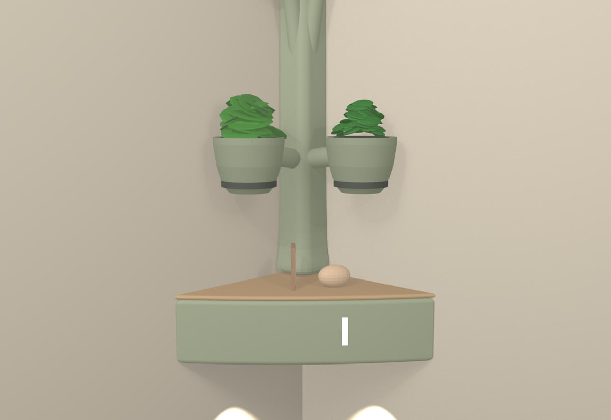 Render detail of the rounded base with a wooden top, an indicator light and the lower planters on the trunk