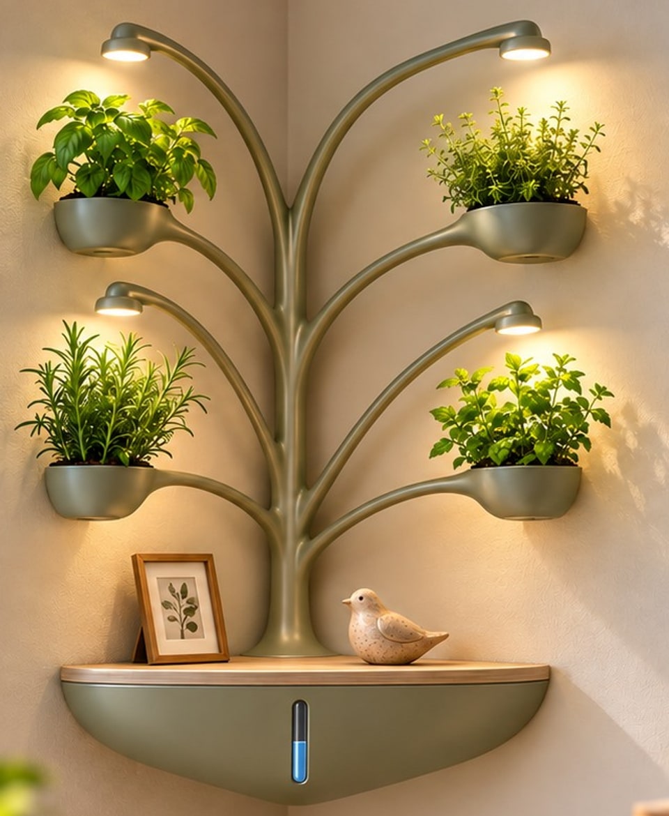 Concept render of the corner garden: curved arms with four planters and grow lights above a shelf