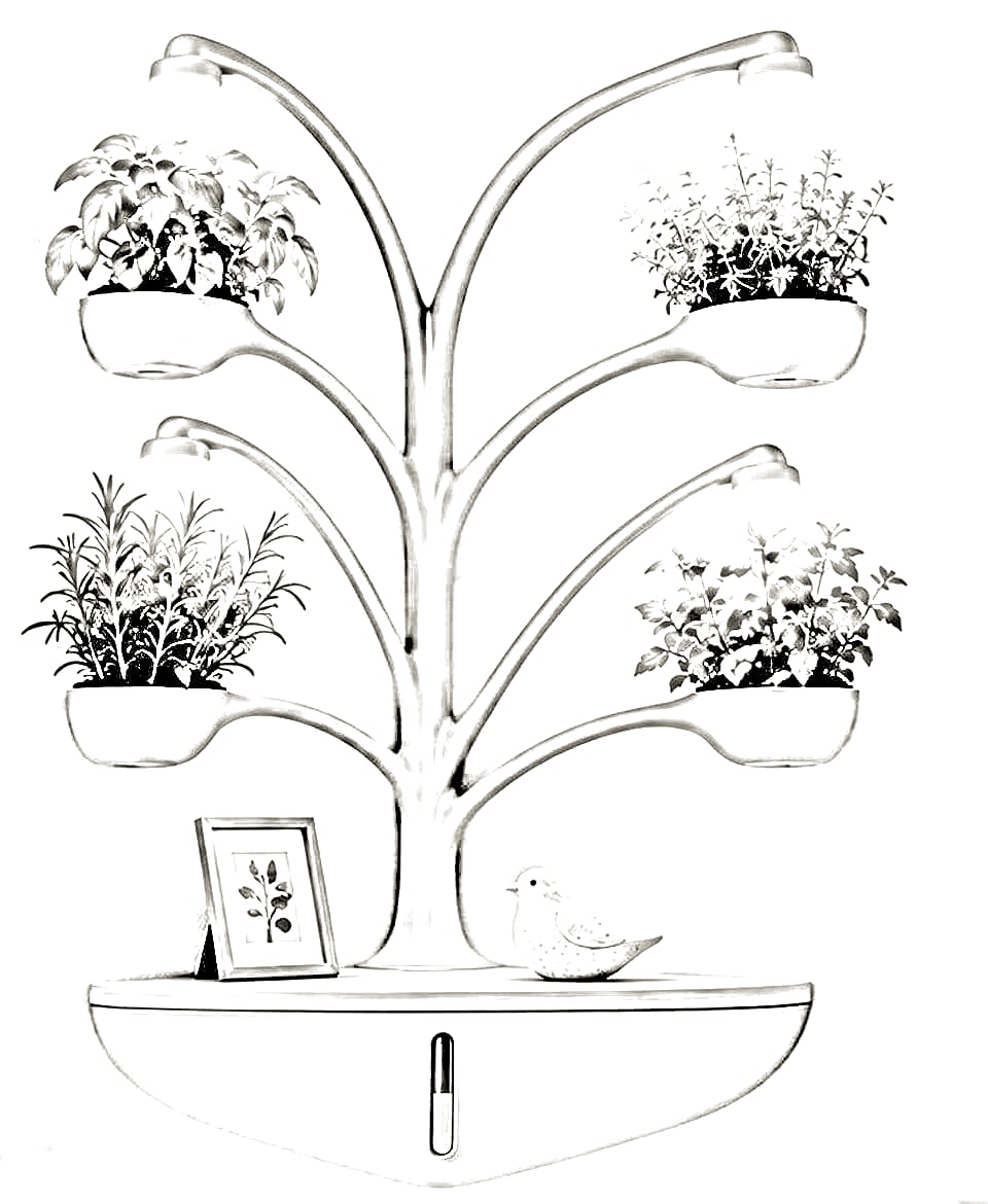 Pencil sketch of the corner hydroponic garden with curved arms, planters and lights above a shelf