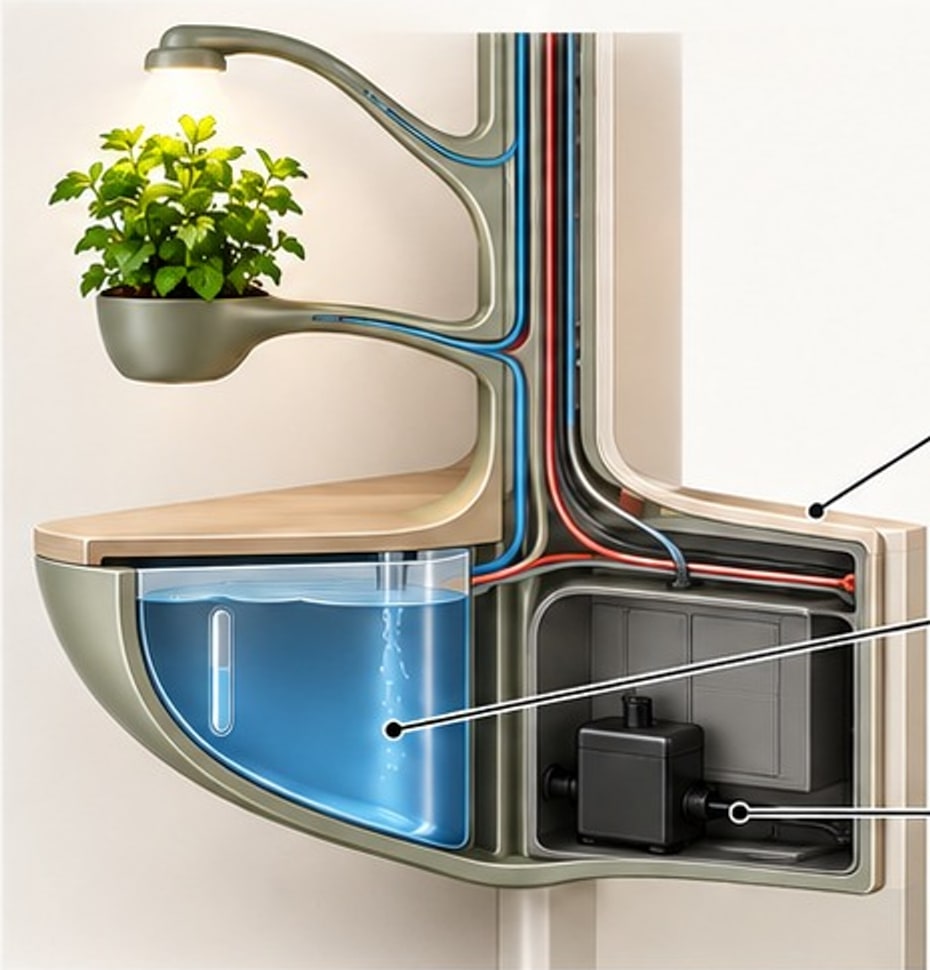 Cross-section render of the garden base showing the water reservoir, the pump bay and the cable path