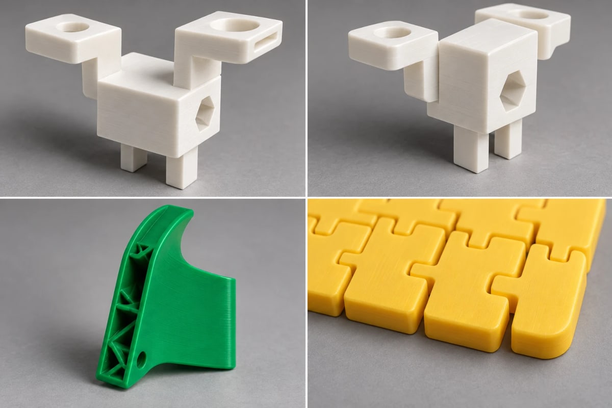 Four 3D-printed parts: two white brackets with holes and a hex socket, a green ribbed hook and yellow interlocking tiles