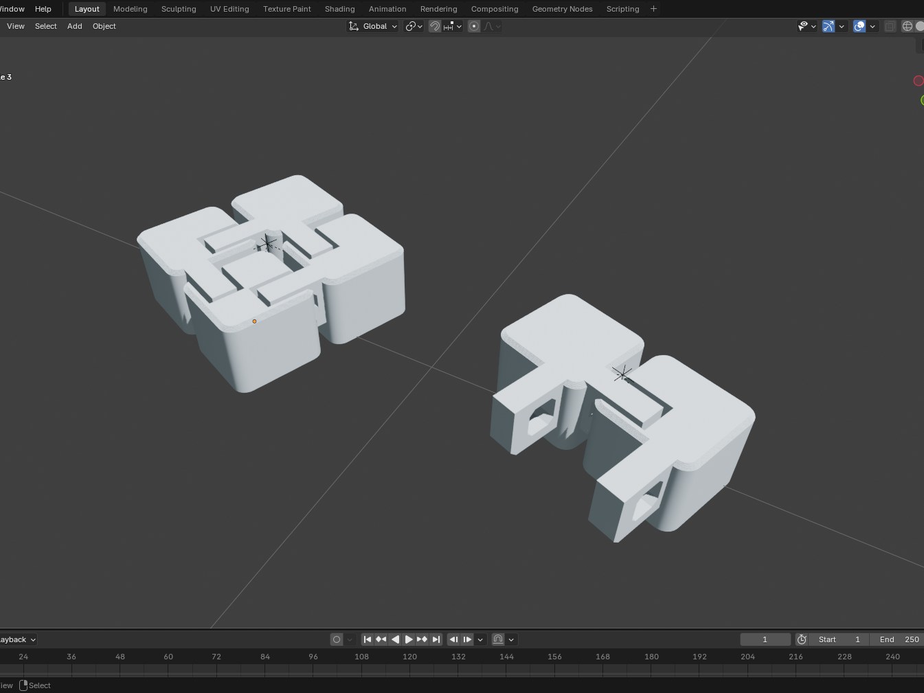 Blender window showing a 2x2 test piece and a linked pair of tiles in 3D