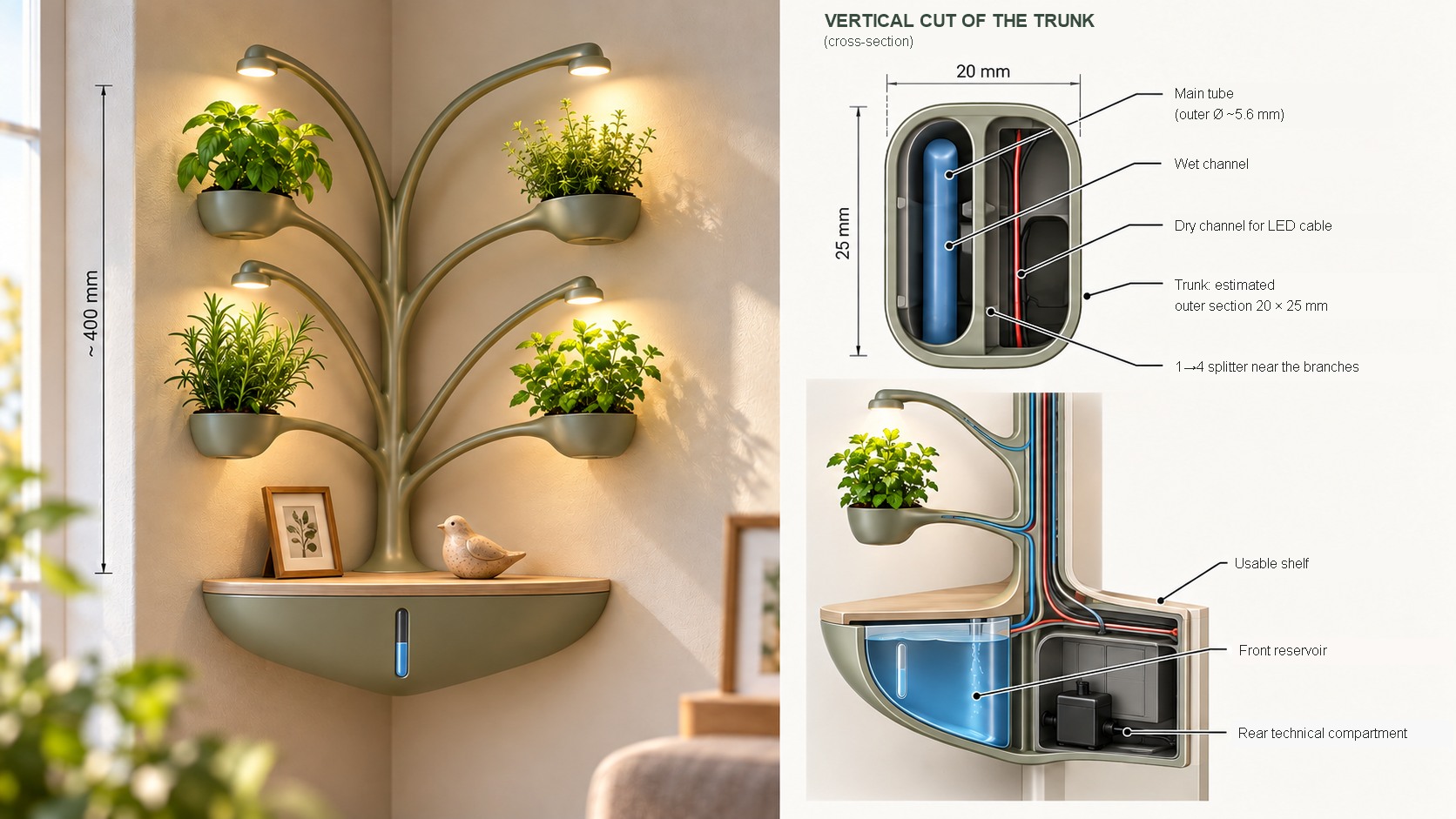 Concept image of a corner hydroponic garden with a curved trunk holding four herb planters, next to a technical cross-section of the trunk and the water tank